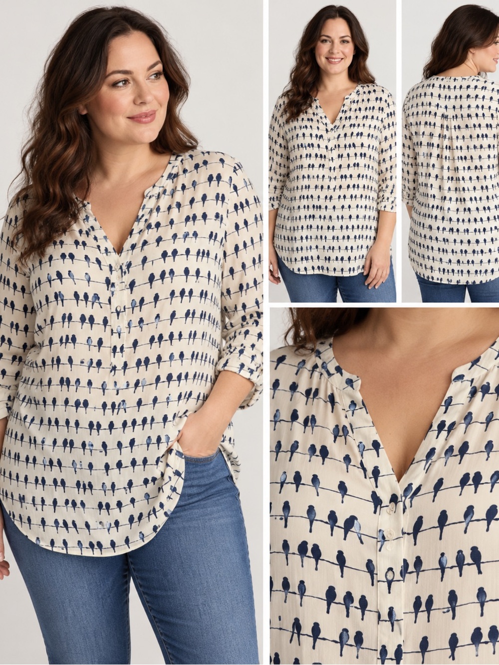 Jane and Delancey Blouse Womens 1X Ivory Navy Bird Print Rayon Tunic Henley